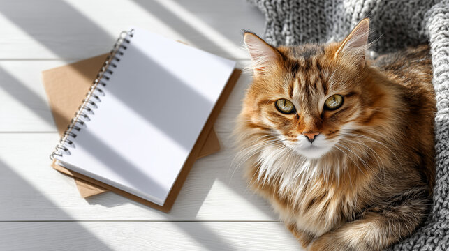 Orange cat lying beside blank notebook on sunlighted surface