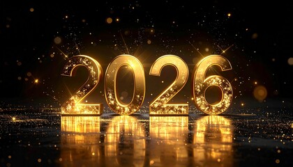 Golden Horizon: Illuminated 2026 Numerals Sparkle Against a Dark Backdrop, Celebrating New Beginnings, Future Milestones, and the Radiance of Progress in a Cinematic Scene of Anticipation and Joy