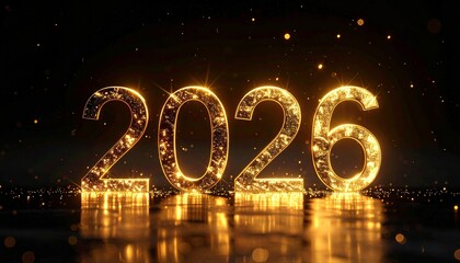 Golden Horizon: Illuminated 2026 Numerals Sparkle Against a Dark Backdrop, Celebrating New Beginnings, Future Milestones, and the Radiance of Progress in a Cinematic Scene of Anticipation and Joy