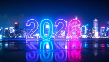 Neon Future: Glowing 2026 Numerals Reflect Urban Energy and Celebration, Illuminating a City Skyline with Vibrant Blue-Pink Tones in a Cinematic Scene of Anticipation, Progress, and Nighttime Brillian
