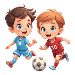 Two happy cartoon boys playing soccer isolated on transparent background