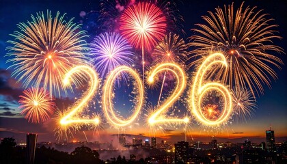 Sparkling Countdown: Illuminated 2026 Numerals Ignite the Night Sky with Fireworks and Festive Energy, Celebrating New Beginnings, Joyful Anticipation, and the Radiance of a Future-Focused Global 