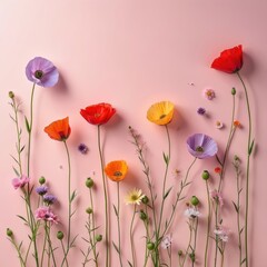 Obraz premium Colorful flowers arrangement on light pink backdrop. Various poppies, wildflowers create elegant layout. Floral design suits spring themes, greeting cards, stylish wall art, cheerful seasonal