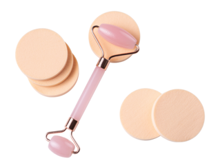Pink Gua Sha massage tool on a white background, close-up. Rose Quartz jade roller.
