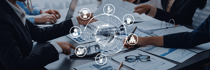 Leadership icons symbolize teamwork, vision, and decision-making. Leadership guides business,...