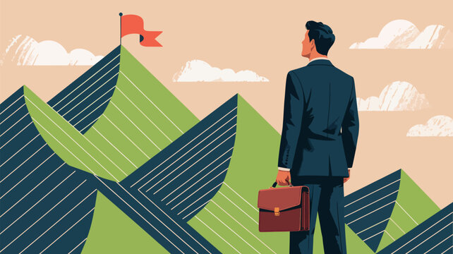 Businessman in suit standing in front of the mountains looking for the path to the top of his career of company opportunities. Concept for finance outline hand drawn style