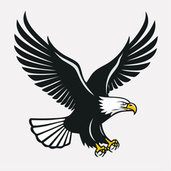 A soaring black eagle silhouette vector illustration of a flying wildlife bird in flight with powerful wings, symbolizing freedom and nature design
