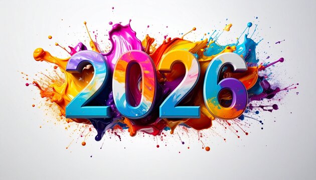 Colorburst 2026: Bold Gradient Numerals Explode with Digital Paint Splashes, Celebrating Creativity, Future Energy, and Artistic Expression in a Festive, Modern Scene of Joyful Anticipation and Visual