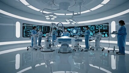 Surgical robot performing advanced operation with modern technology, doctors in sterile environment, futuristic medicine, innovative healthcare solutions