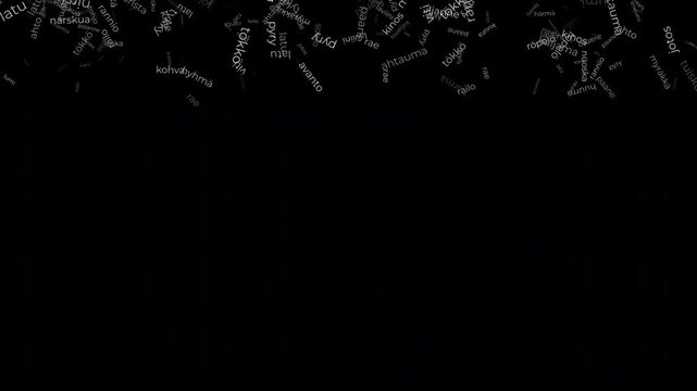 Abstract animated snowfall made from Finnish, suomi words for snow. The words falling like real snowflakes, creating a poetic visual representation of Finland&rsquo;s richly nuanced words for snow, alpha BG