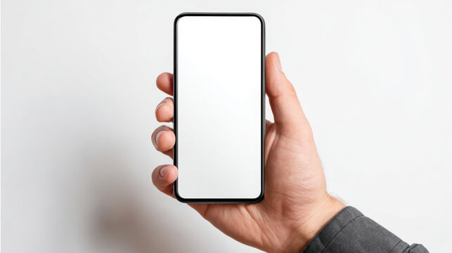 Blank smartphone screen held in male hand with neutral background, close up mockup showing mobile device display for app or website presentation and subtle emotional calmness