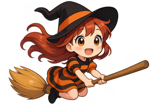 Chibi anime girl witch flying on broomstick, celebrating halloween, smiling happy with magic spell