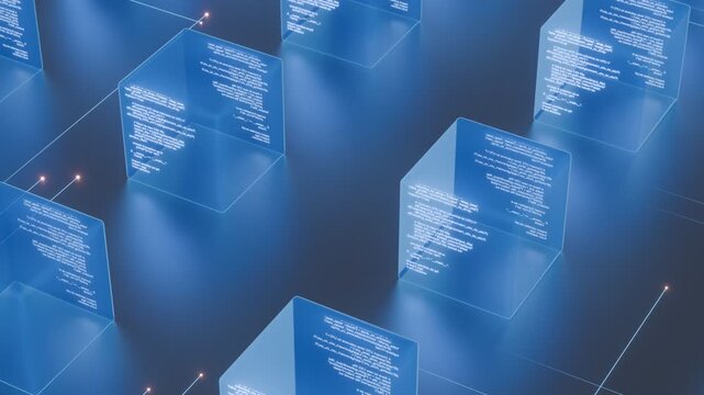 Futuristic cube processors for AI quantum data visualization, coding structures, and high-tech computational architecture. Seamless loop background. Created using non-AI 3d software