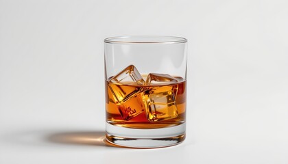 A glass filled with ice cubes and a clear liquid, likely a beverage such as whiskey or vodka, placed on a surface which appears to be reflective due to the shadows cast