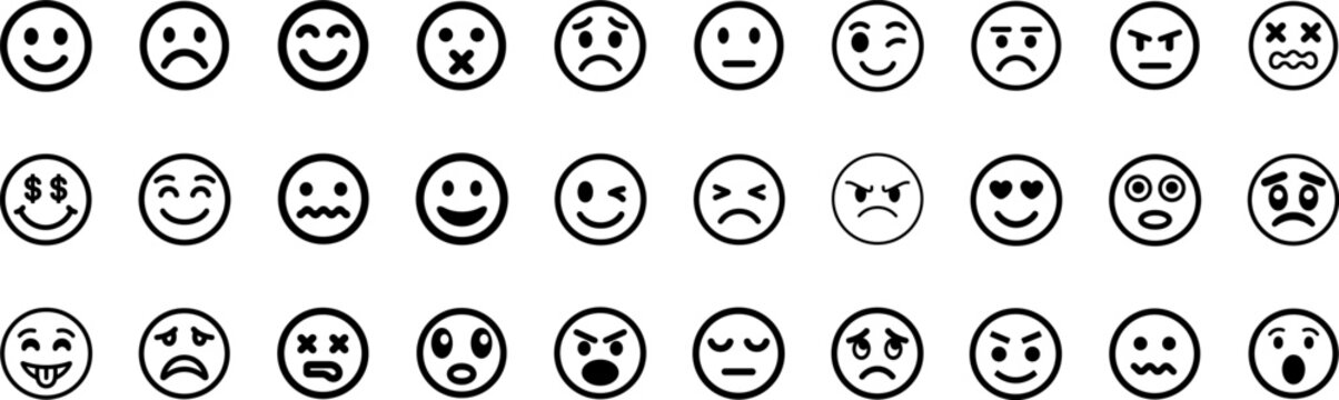 Naklejki Face line icon set. Vector emoticon pictograms of smiley, sad, angry, surprised, wink, love eyes, confused, shocked, silly, frustrated, neutral expressions thin linear illustration