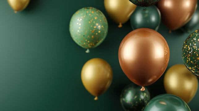 Green balloon gold balloon bronze balloon confetti balloon party balloon celebration balloon metallic balloon glossy balloon dark green background elegant festive decoration with reflective
