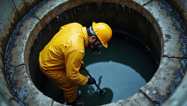 Worker in yellow protective suit, hard hat, gas mask cleans deep concrete pit. Uses long tool to stir dark water inside dirty drainage system. Shows hazardous industrial maintenance, wastewater