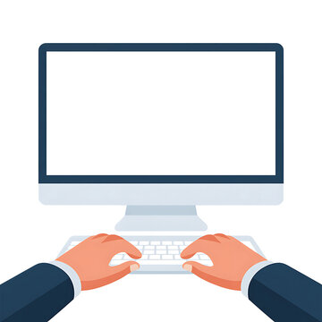 Hands typing on a computer keyboard in front of a blank screen isolated on transparent background