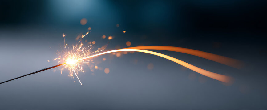 Close-up of a lit sparkler emitting bright sparks and glowing trails against a dark blurred background with bokeh effect
