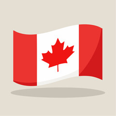 Canadian flag with a red maple leaf on a white and red background waving on a light beige background