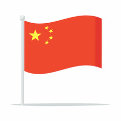 Chinese Flag Waving on a Pole with Yellow Stars on Red Background China