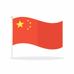 Chinese Flag with Yellow Stars Waving on a Pole Against White Background China