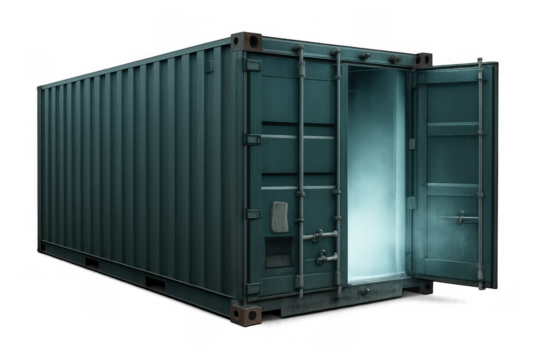 Shipping container with open doors revealing glowing light, representing cargo, mystery, and new opportunities, transparent background