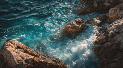 Dramatic rocky coastline turquoise water soft wave coastal rock surf seascape natural shore ocean breeze cinematic light