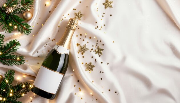 Celebratory toast with champagne bottle and sparkling decorations elegant table setting festive environment top-down view new year’s celebration concept