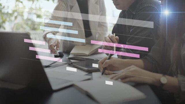 Project management concept, colleagues collaborating on a teamwork project timeline task and team planning a schedule, virtual analytics dashboard - Powered by Adobe