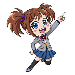 Cute anime girl in school uniform pointing up isolated on transparent background