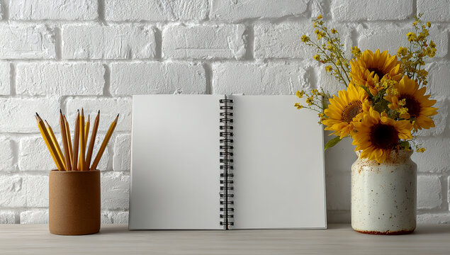 Open blank notebook with pencils and sunflowers in a vase against a white brick wall
