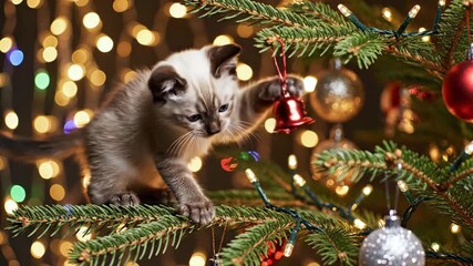 playful holiday kitten, charming feline frolicking amid colorful christmas ornaments and lights, adorable siamese kitten engaged with holiday ornaments surrounded by glowing lights and pine branches.