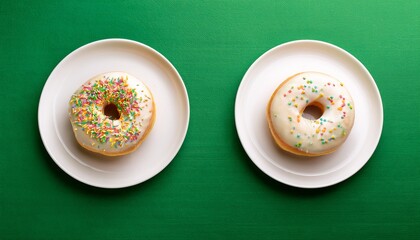 creamy vanilla frosted donuts with sprinkles on white plates in green background