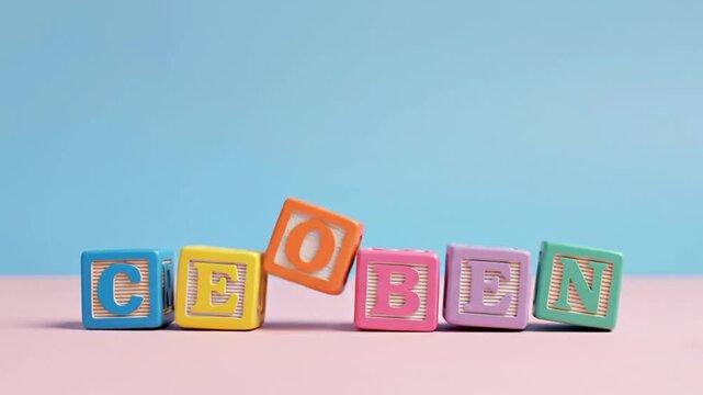 Colorful alphabet blocks jumbled together representing childhood learning and spelling challenges on a pink and blue background