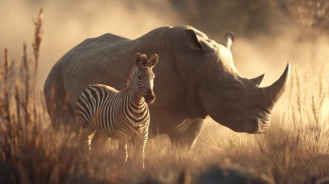 Zebra and rhinoceros in a golden sunlight environment wildlife scene