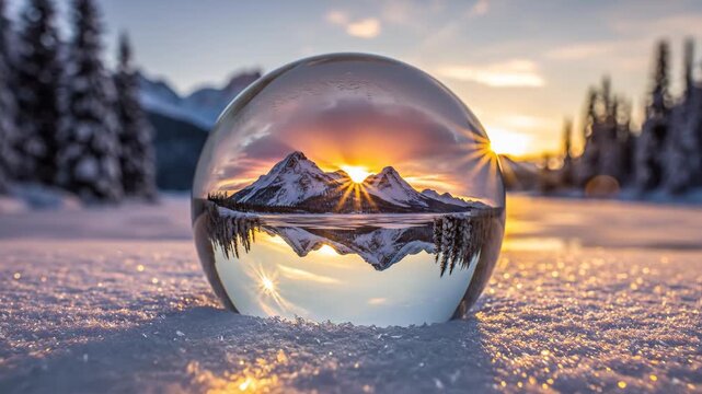 mountain lake mirror, frozen landscape with distant trees, serene snowfield reflected under early morning light, silent winter scene featuring icy reflections and distant wooded hills.