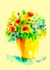 A bouquet of flowers in watercolor. Vintage postcard, poster, sticker, image. Beautiful, fashionable flowers, buds. Poppy, mimosa, hydrangea, wild flowers and herbs 
