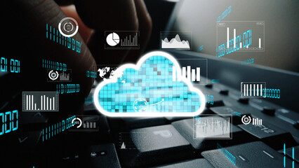 Cloud technology and data analysis merge with a keyboard backdrop, emphasizing digital transformation and insights through visual elements like graphs and charts. Xenic