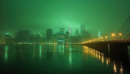 City skyline at night with green fog. Skyscrapers reflect in water. Bridge with lights crosses water. Atmospheric urban landscape view in the evening.