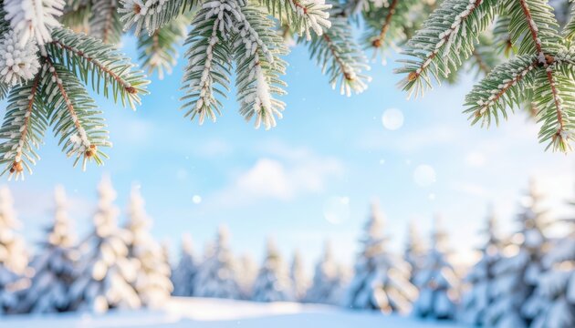 Snow-covered pine trees in a winter wonderland forest landscape scenic nature photography calm atmosphere wide-angle view seasonal beauty for holiday inspiration - Powered by Adobe