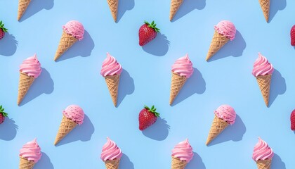 Playful sunlight summer pattern featuring pink strawberry ice cream cones and popsicl 