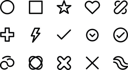 Collection of black outlined basic shapes and signs on white background