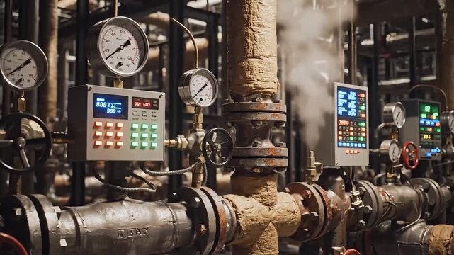 Dynamic industrial plant operations with complex piping systems, gauges, and steam leaks showcasing infrastructure and engineering challenges