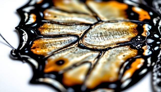 A striking butterfly shaped object with an intricate pattern of colors, primarily orange and yellow, that could be interpreted as a natural material like amber