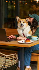Woman and corgi dog enjoying a coffee break at an outdoor cafe © shine.graphics