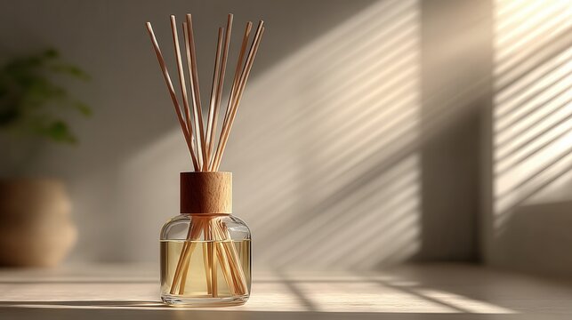 Decorative reed diffuser on light background home fragrance minimal decor