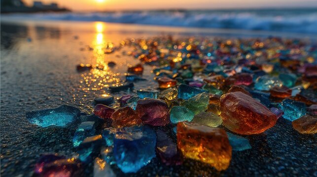 Beach pollution with colorful fragments of waste materials scattered on sand environmental issue