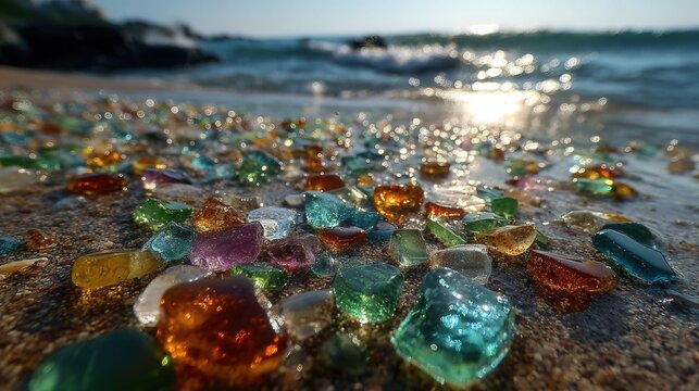 Beach pollution with colorful fragments of waste materials scattered on sand environmental issue