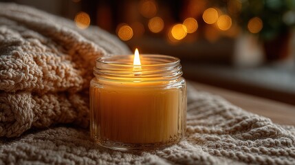 Candle in glass jar on cream background cozy home decor concept